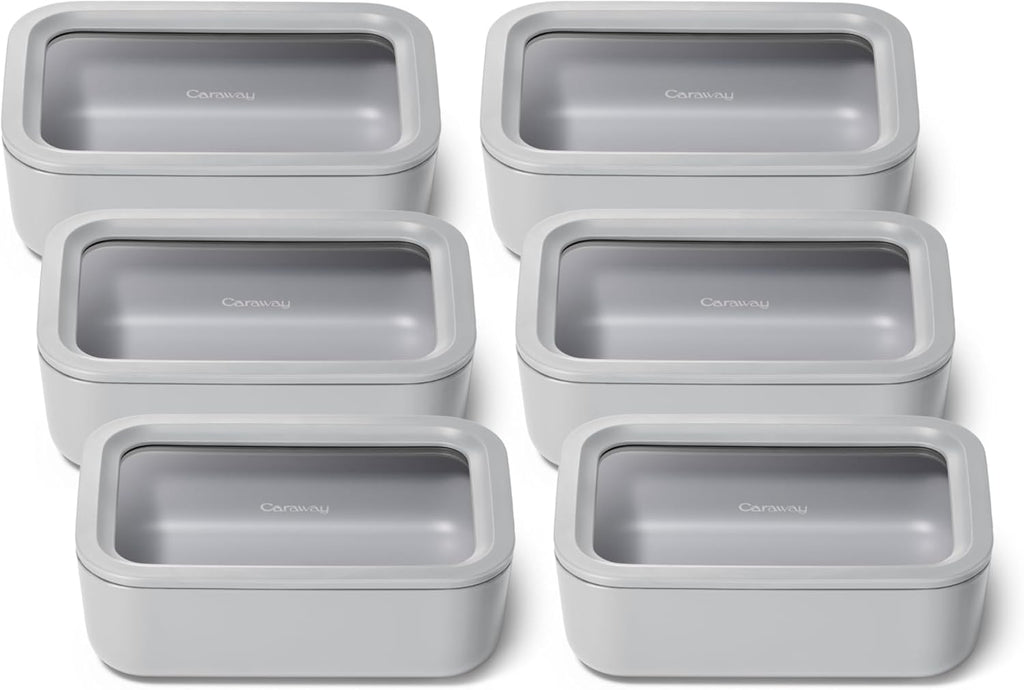 Caraway 6pc Glass Food Storage Set – 6.6 Cup Food Containers (6) - Ceramic Coated - Non Toxic, Non