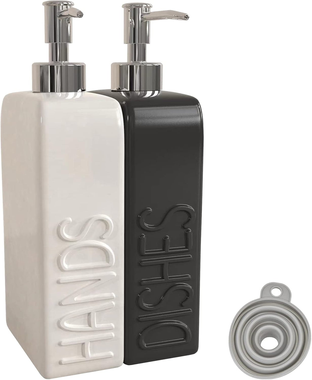 Soap Dispenser Set with Funnel, Non-Slip Silicone Pads, 2 Pack Ceramic Refillable Dish Soap and