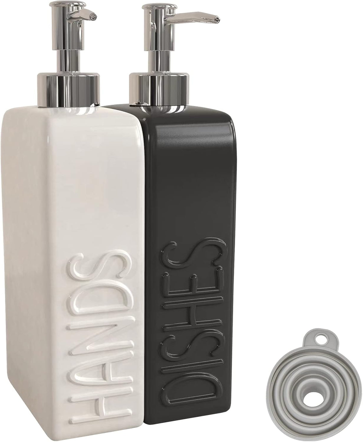 Soap Dispenser Set with Funnel, Non-Slip Silicone Pads, 2 Pack Ceramic Refillable Dish Soap and