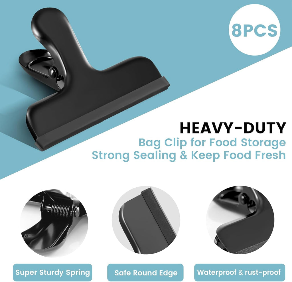 HOUSE AGAIN 8 Pack Stainless Steel Chip Bag Clips Covered with Silicone - NO More Sharp Edges