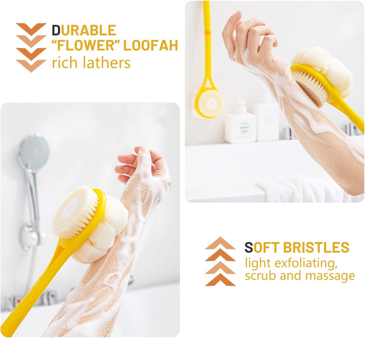 Shower Body Brush,Soft Bristles and Beautiful Pumpkin Loofah 14" Long Handle Back Scrubber Bath