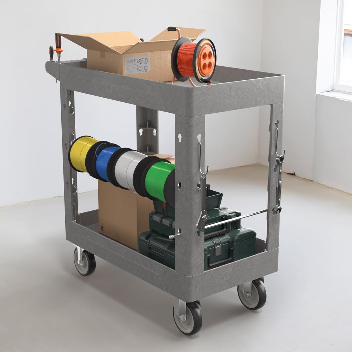 Heavy Duty Rolling Utility Cart with Wheels 2-Tier Utility Plastic Service Work Cart for Shop
