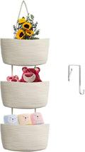 TeoKJ Over the Door Hanging Baskets, 3-Tier Woven Cotton Storage Organizer Bag with Hooks