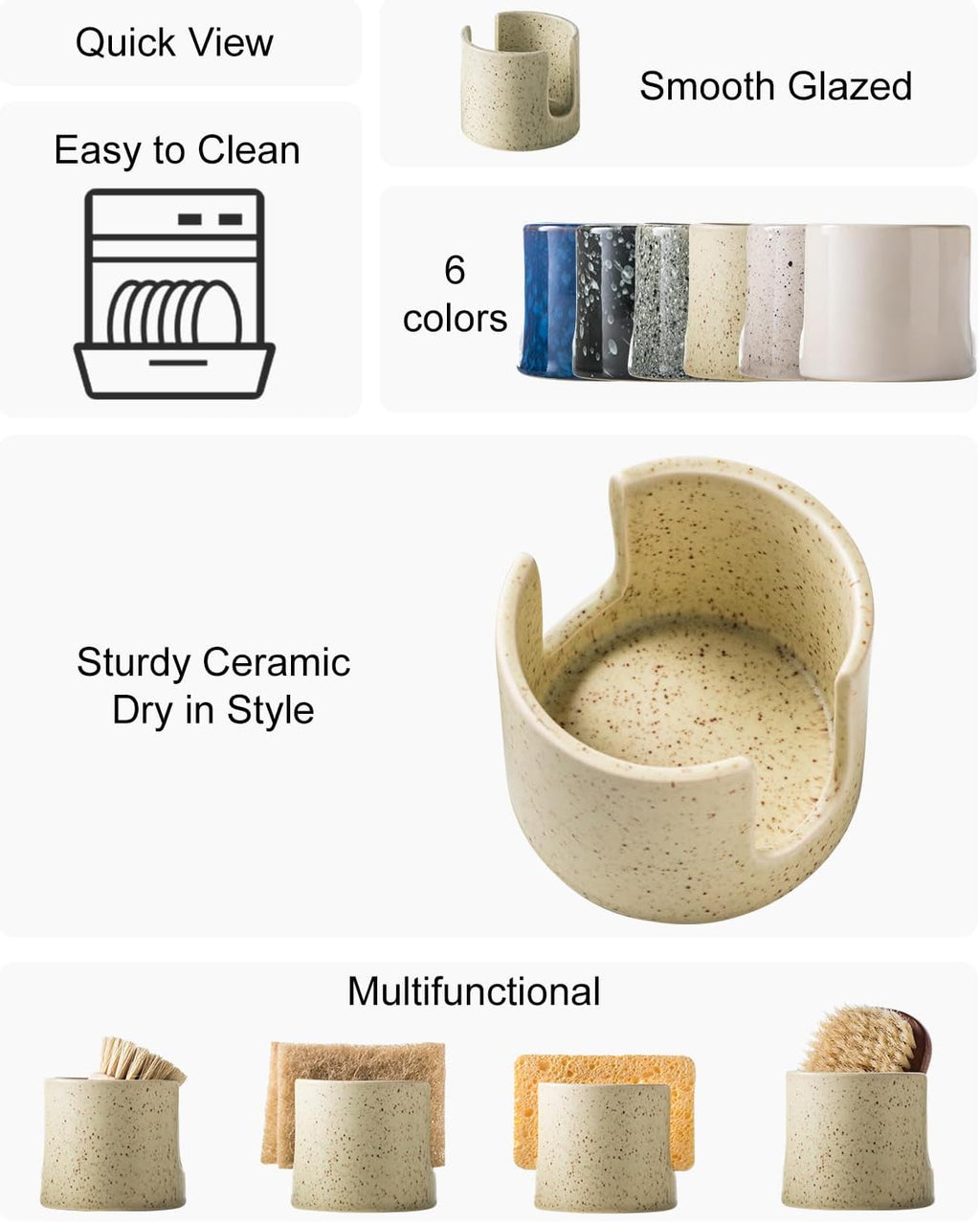 Sponge Holder for Kitchen Sink, Ceramic Dish Sponge Holder Sink Caddy Compact Scrubby Daddy Kitchen