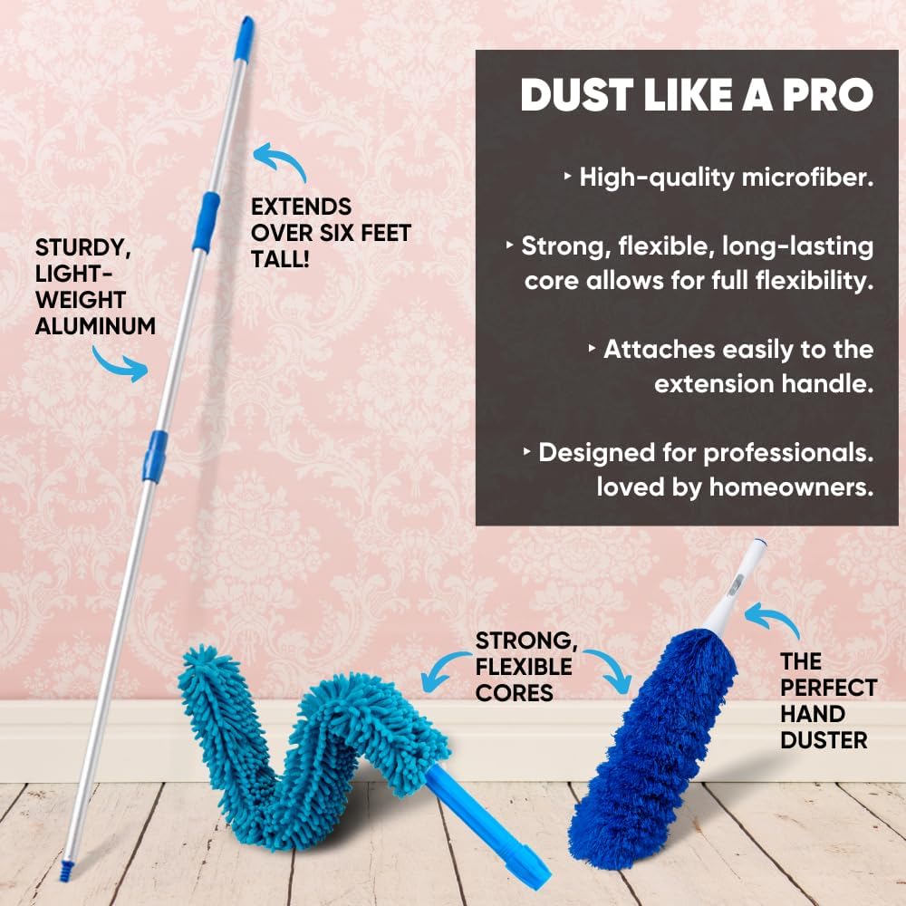 Extendable Duster - Microfiber Duster Kit: Ceiling, Fans, Baseboards, Cob Webs, Telescoping