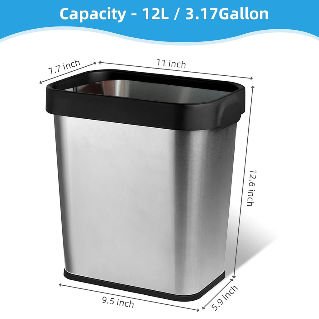 3 Pack Stainless Steel Trash Can 3 Gallon, Open Top Trash Can, 8" x 11" x 13", Rectangle Rubbish