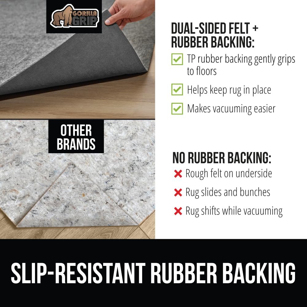 GORILLA GRIP Felt and Natural Rubber Stay in Place Slip Resistant Rug Pad, 1/8in Thick, 8x11 FT