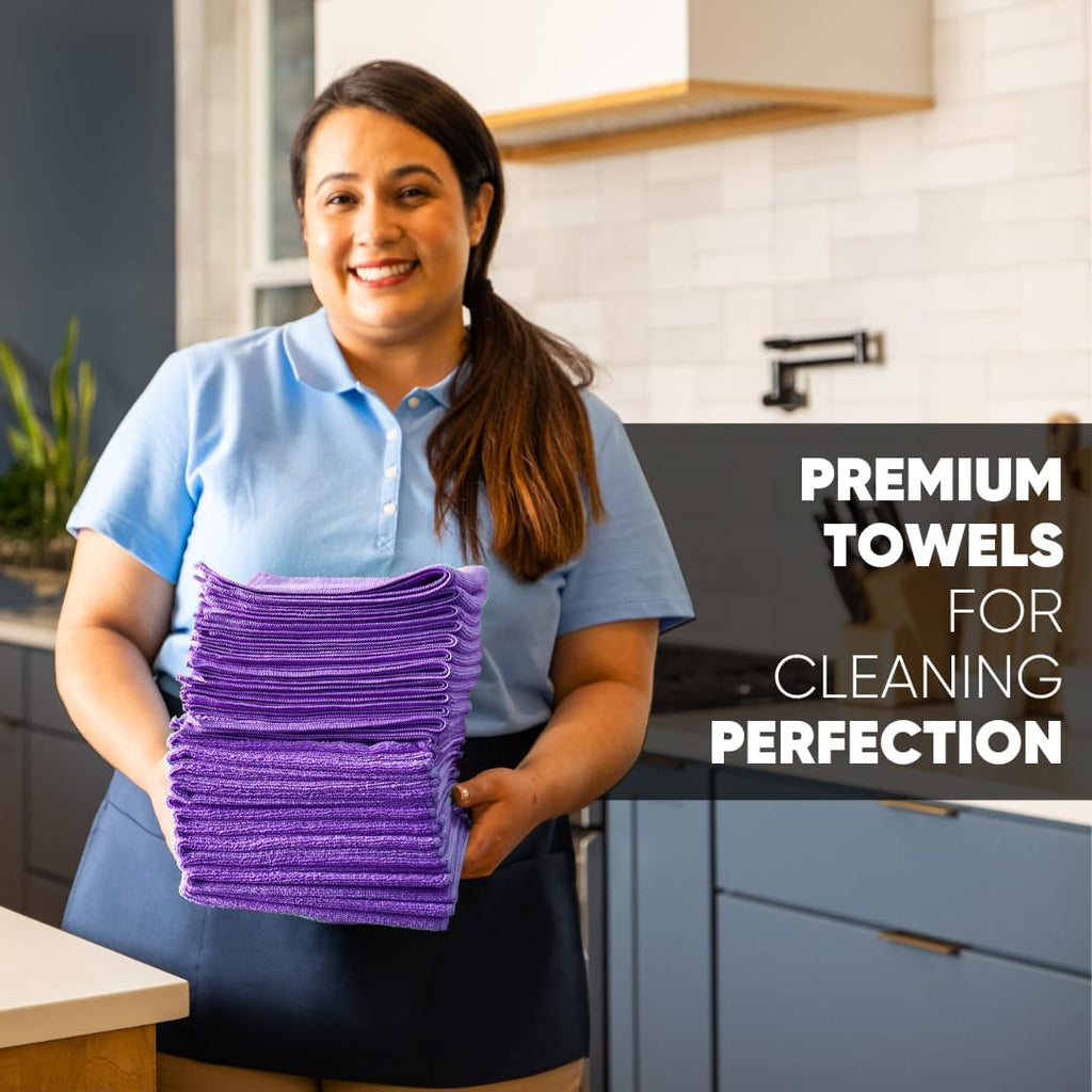 12" x 12" Pro Multi-Surface Microfiber Cleaning Cloths | Purple - 12 Pack | Premium Microfiber