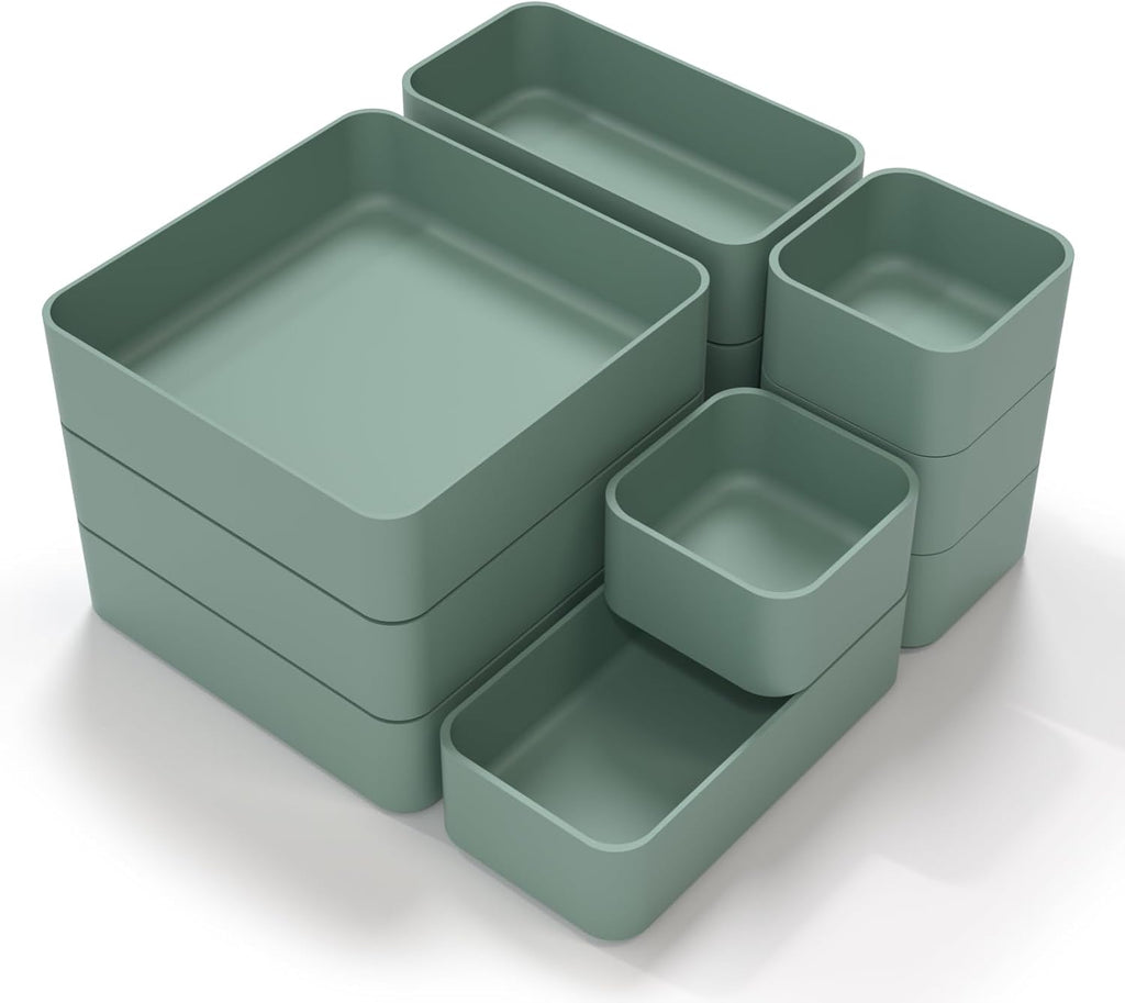 11-Piece Stackable Drawer Organizer Set, Multi-size Desk Drawer Organizer Trays Vanity Storage Bins