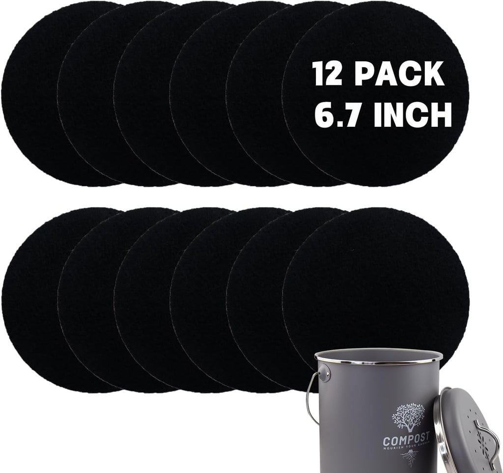 12 Pack - 6.7 Inch Round Compost Bin Charcoal Filters,Extra Thick Activated Carbon Charcoal Filters