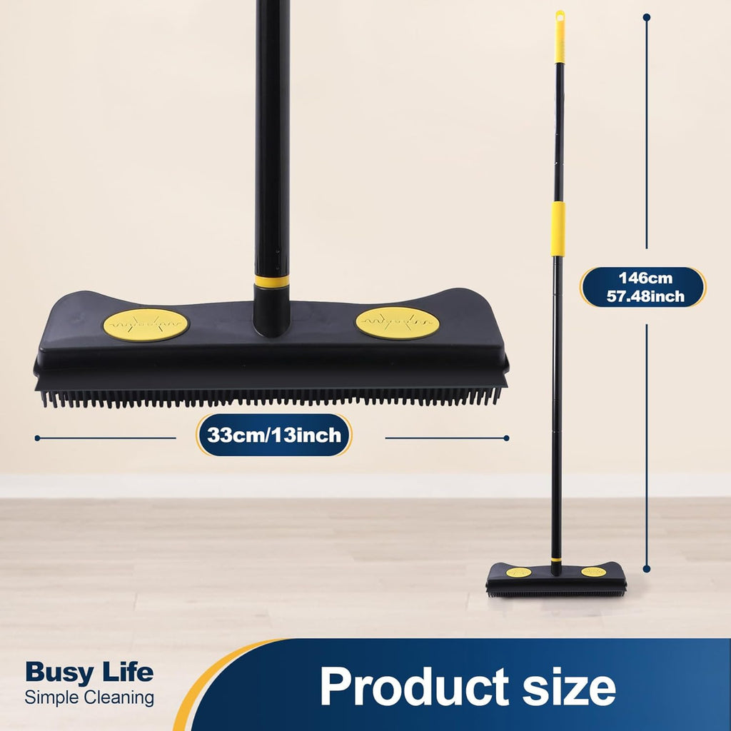 Yocada Pet Hair Removal Rubber Broom 2 in 1 Floor Brush with Squeegee Carpet Rake 57.5" Long Handle