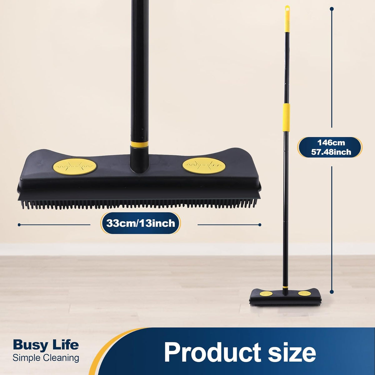 Yocada Pet Hair Removal Rubber Broom 2 in 1 Floor Brush with Squeegee Carpet Rake 57.5" Long Handle