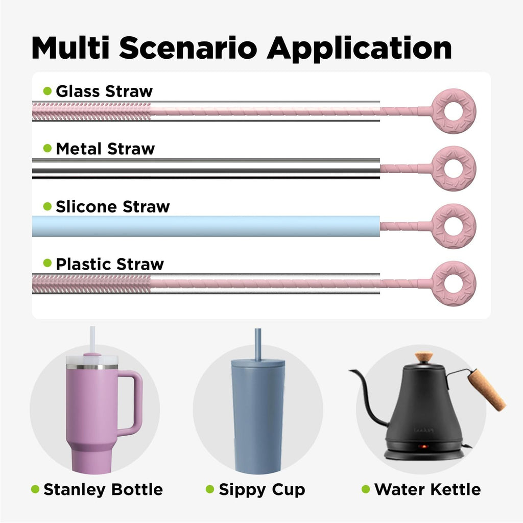 2 Pcs Silicone Straw Cleaner Brush, Extra Long Cleaning Brushes for Straws, 6mm&9mm, Pink