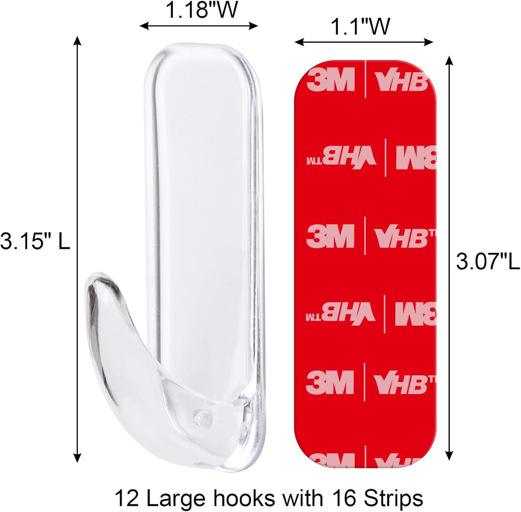 Wall Hooks for Hanging Heavy Duty, Large 12 Self Adhesive Wall with 16 Strips no Damage