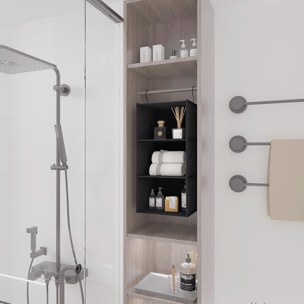Hanging Closet Organizer - 3-Shelf, Easy Mount Foldable Wardrobe Storage Shelves for Clothes