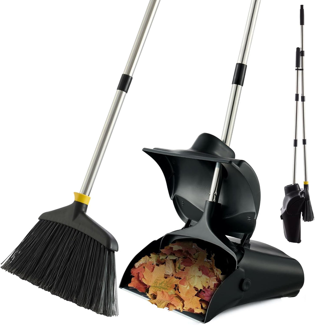 Outdoor Broom and Dustpan Set with Long Handle, Commercial Upright Standing Dust Pan with Windbreak
