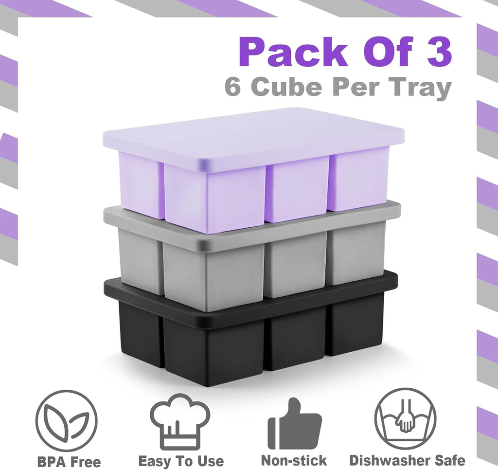 Nax Caki 3 Pack Silicone Large Ice Cube Tray with Lid, Stackable Big Silicone Square Ice Cube Mold