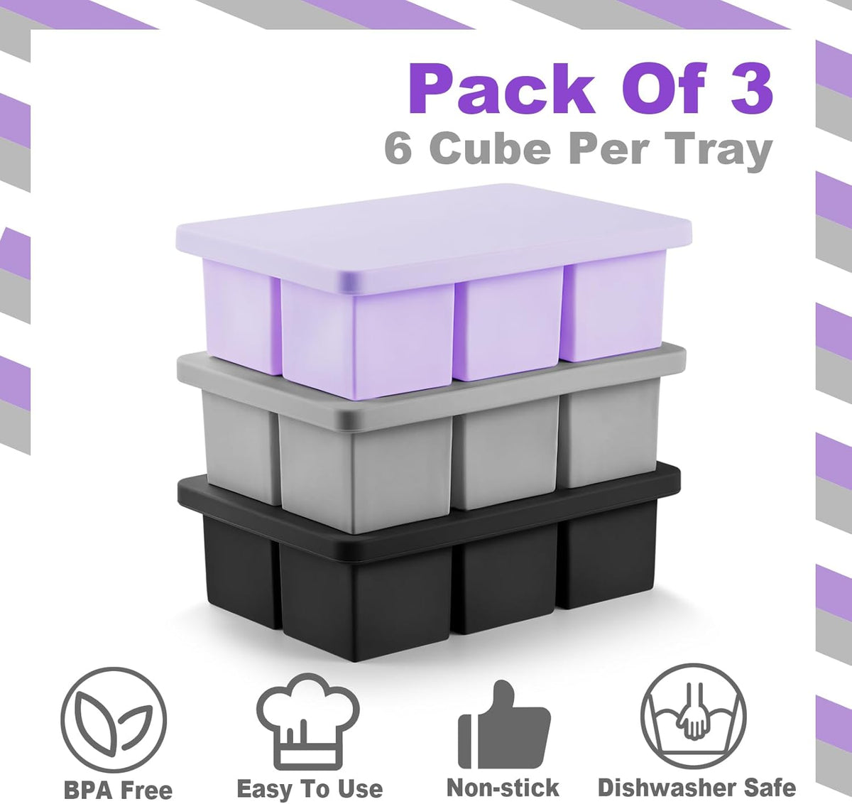 Nax Caki 3 Pack Silicone Large Ice Cube Tray with Lid, Stackable Big Silicone Square Ice Cube Mold