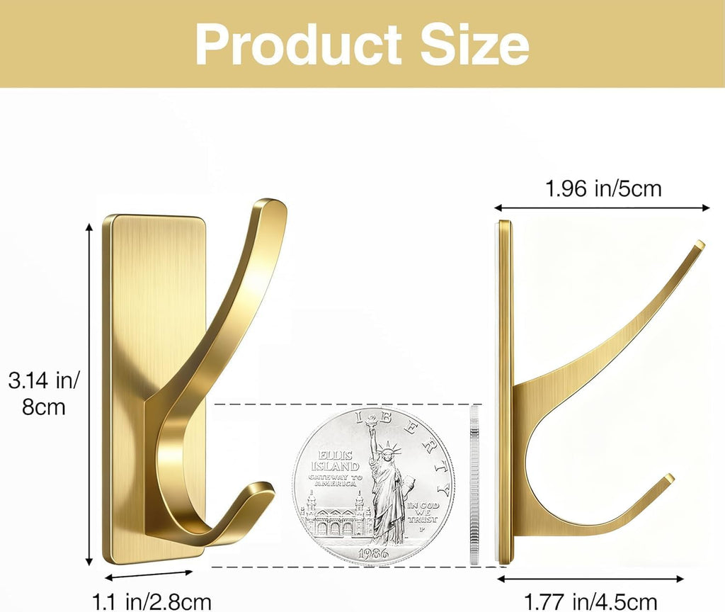 pickpiff Self Adhesive Coat Hooks for Hanging, Heavy Duty Stainless Double Wall Hook for Towel