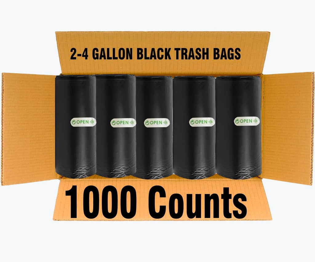2-4 Gallon Trash Bags, 1000 Count Bulk Value Pack, Black Garbage bags, Small Trash Can Bin Liners