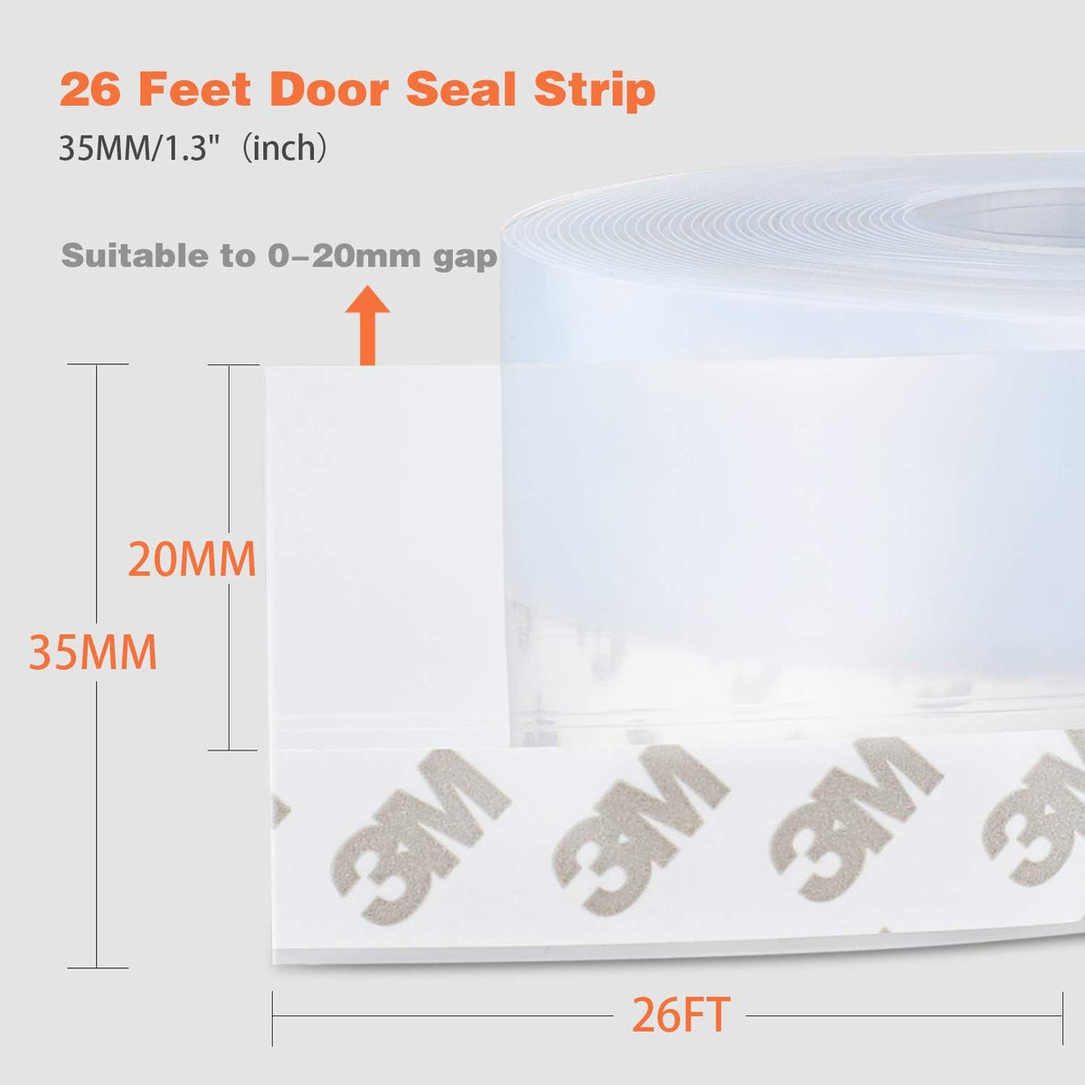 26 Feet Silicone Seal Strip, Transparent, 35MM - Door & Window Seal, Draft Stopper Adhesive Tape