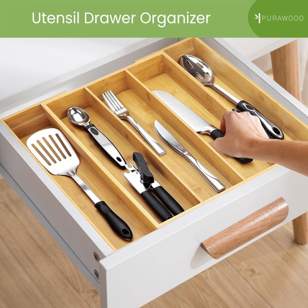 Purawood Kitchen Drawer Organizer - Expandable Utensil Drawer Organizer for Kitchen, Cutlery Tray &