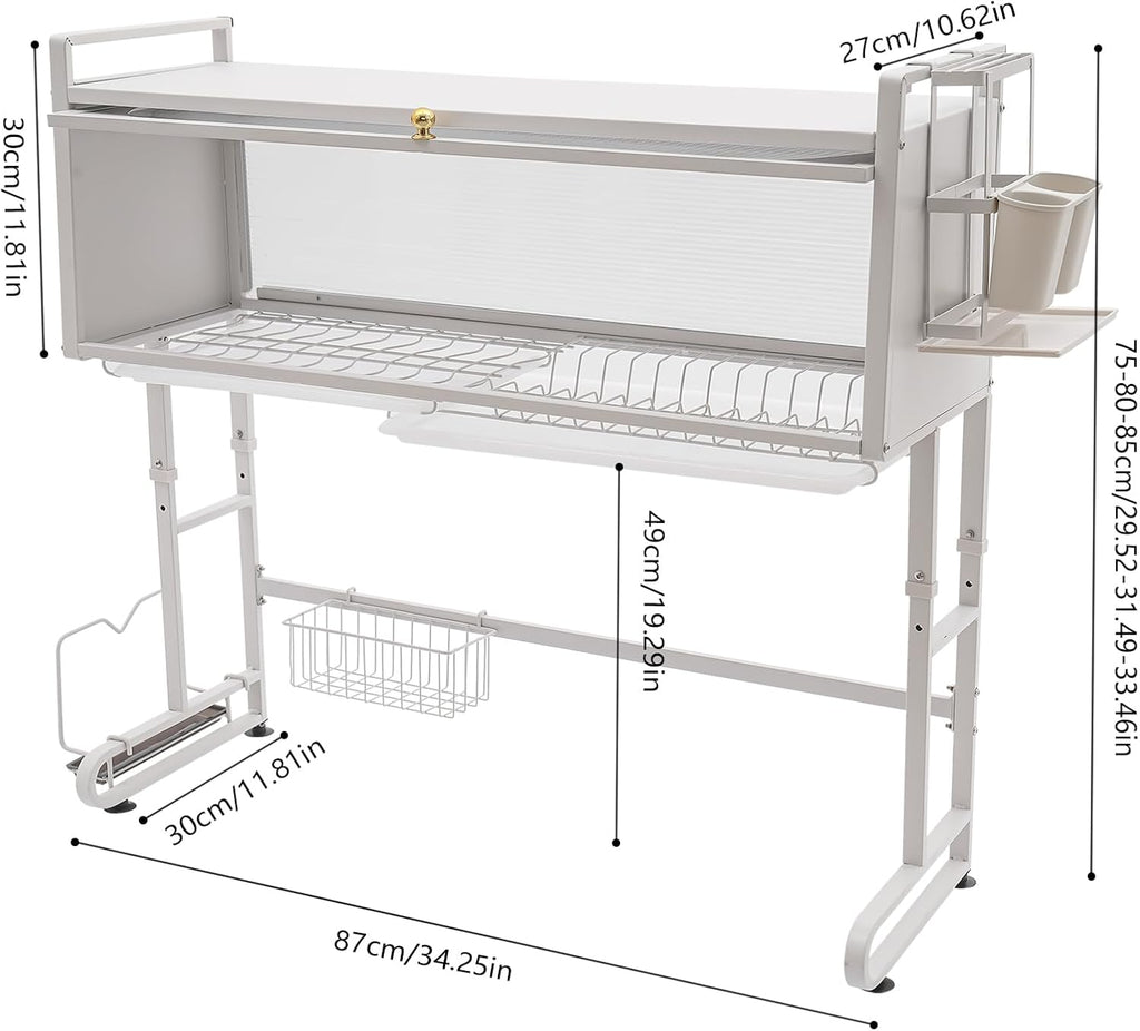 3 Tier Over The Sink Dish Drying Rack W/Clear Cabinet Door, Adjustable Dish Drainer Rack, White