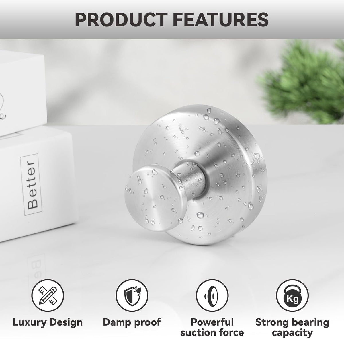 4 PCS Suction Cup Hooks for Shower, Stainless Steel No Drill Suction Towel Hooks, Reusable Sticky