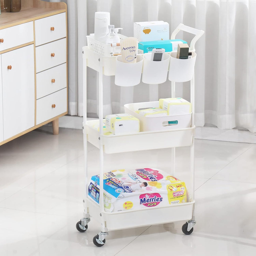 3-Tier Utility Rolling Cart,Mobile Utility Cart with Lockable Caster Wheels,Storage Shelves