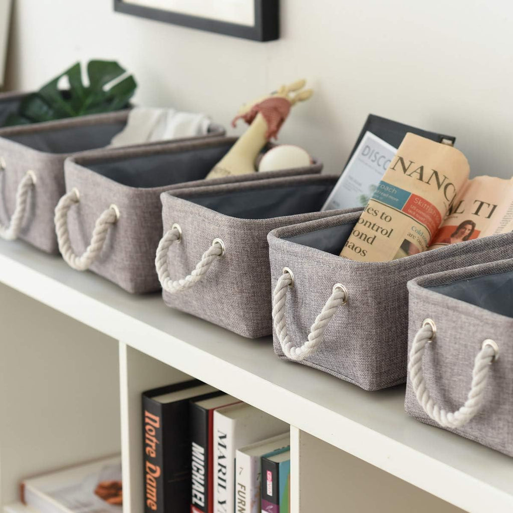 TheWarmHome Foldable Small Storage Baskets with Strong Cotton Rope Handles [6-Pack] Gray