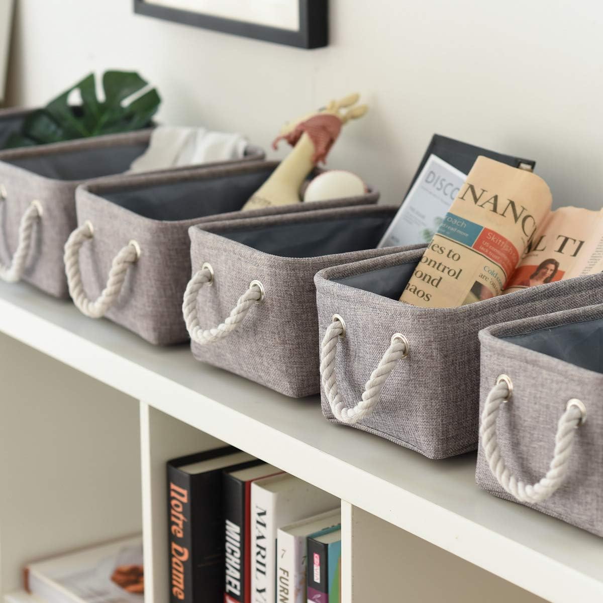 TheWarmHome Foldable Small Storage Baskets with Strong Cotton Rope Handles [6-Pack] Gray