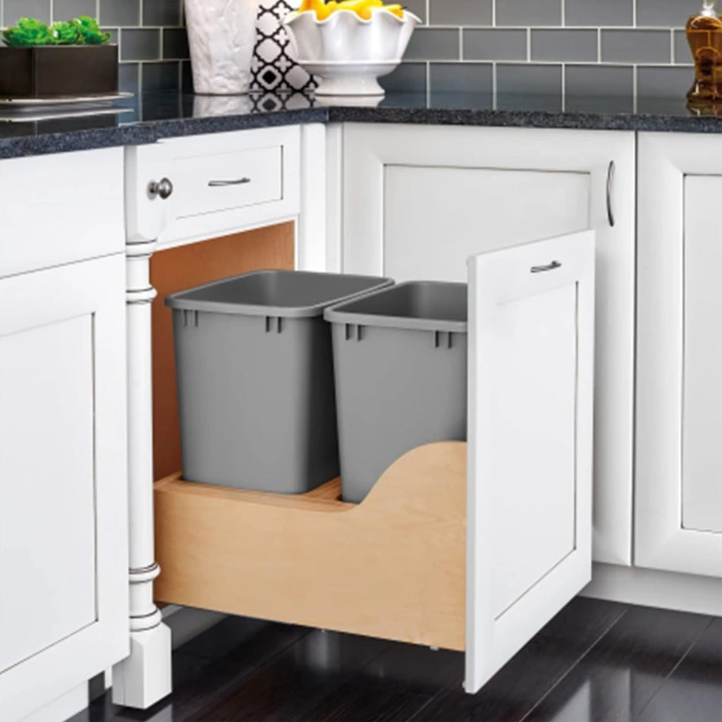 Rev-A-Shelf Pullout Trash Cans for Kitchen Cabinet, Dual 35 Qt Bins with 18" Wood Frame - Large