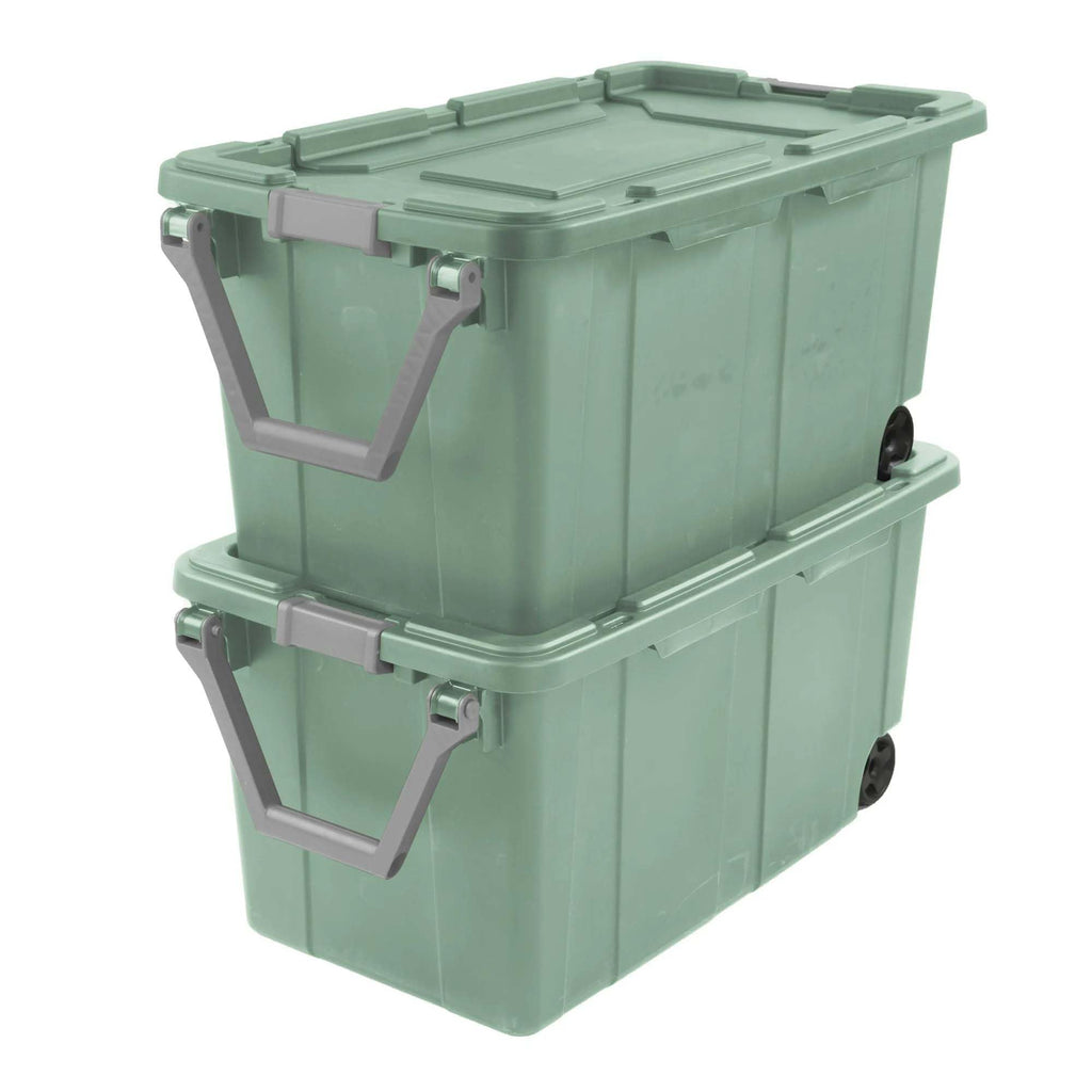 Ratiyae 40 Gallon Wheeled Industrial Tote, Rugged Plastic Storage Bin, Latch Lid, Light Green, 2