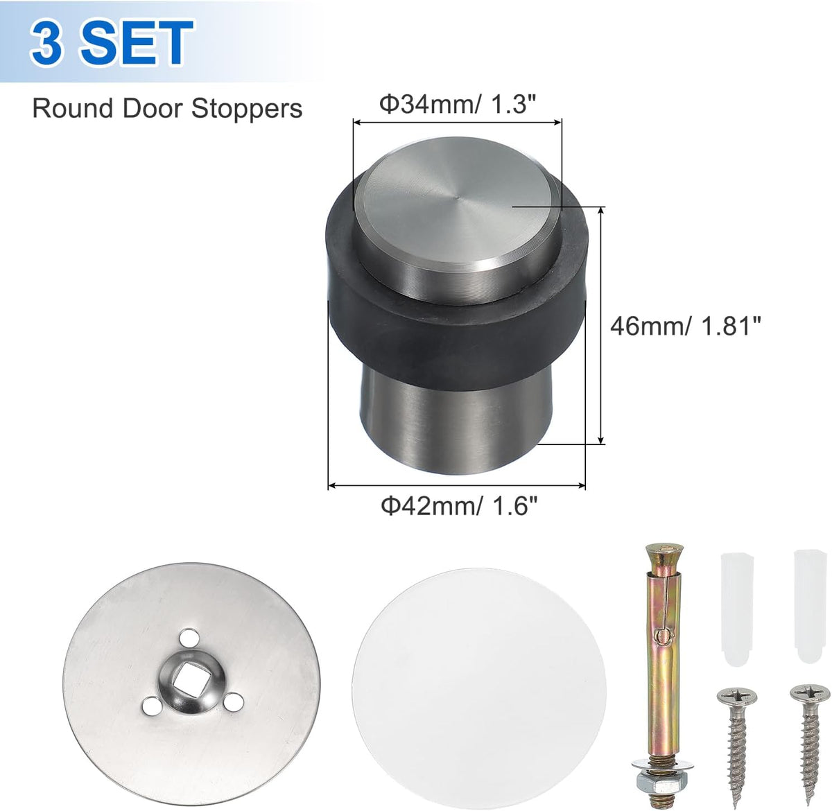 PATIKIL 3Set Round Door Stoppers, 46mm Stainless Steel Door Stop Doorstop Wedge Metal Cylinder Self