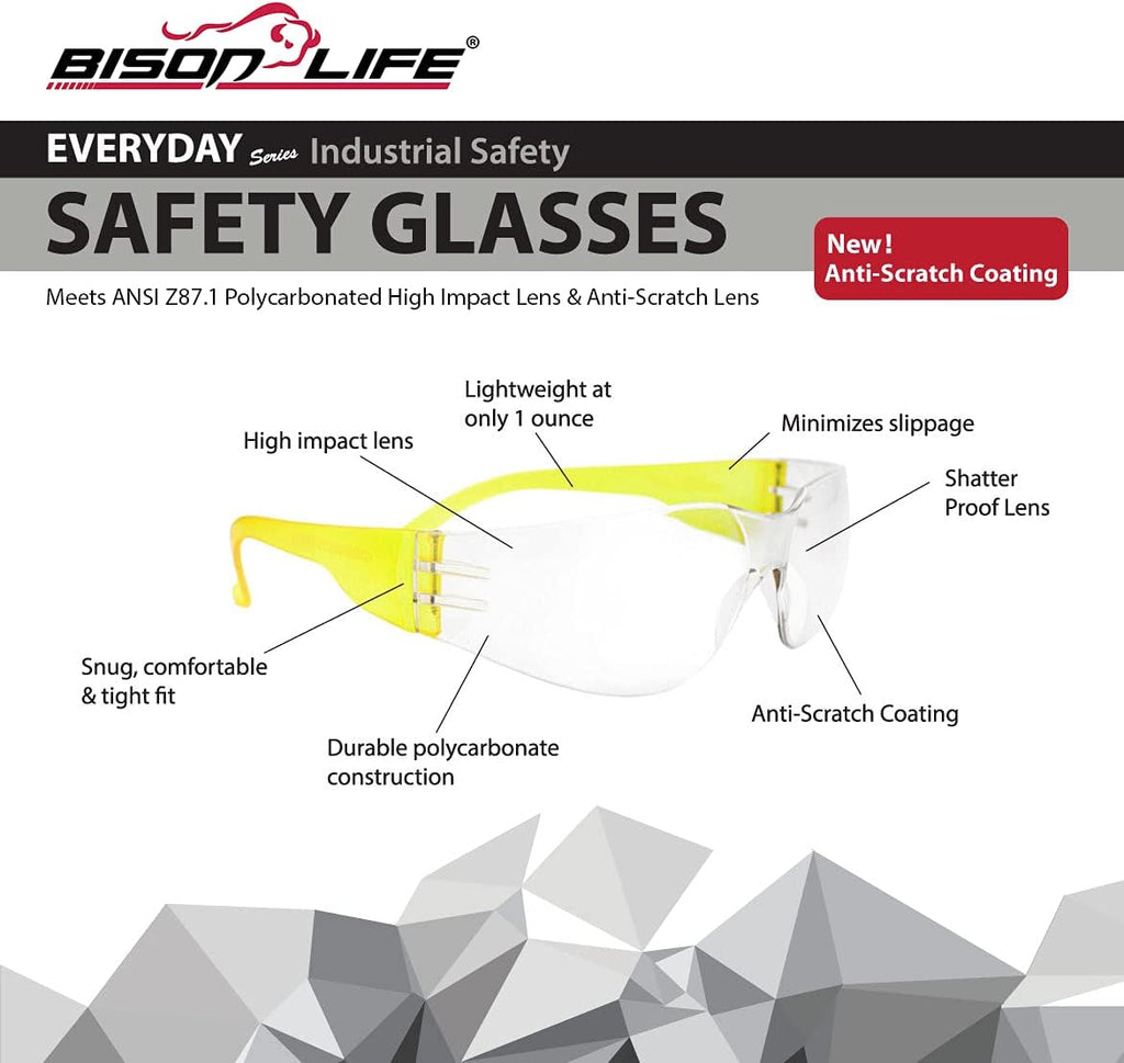 BISON LIFE Safety Glasses - Scratch Resistant Wrap Around Eyewear, Polycarbonate ANSI Z87.1 Impact