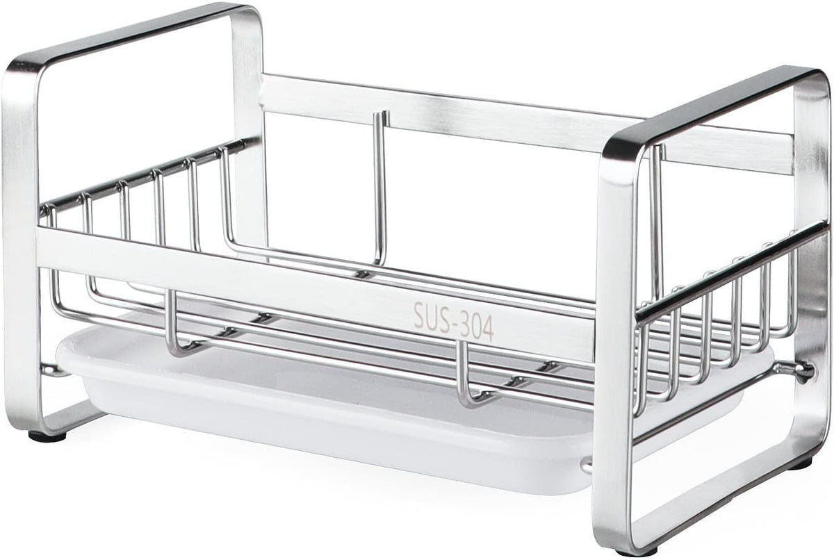 HULISEN Kitchen Sink Sponge Holder, 304 Stainless Steel Kitchen Soap Dispenser Caddy Organizer