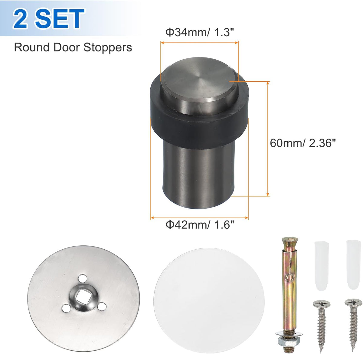 PATIKIL 2Set Round Door Stoppers, 60mm Stainless Steel Door Stop Doorstop Wedge Metal Cylinder Self