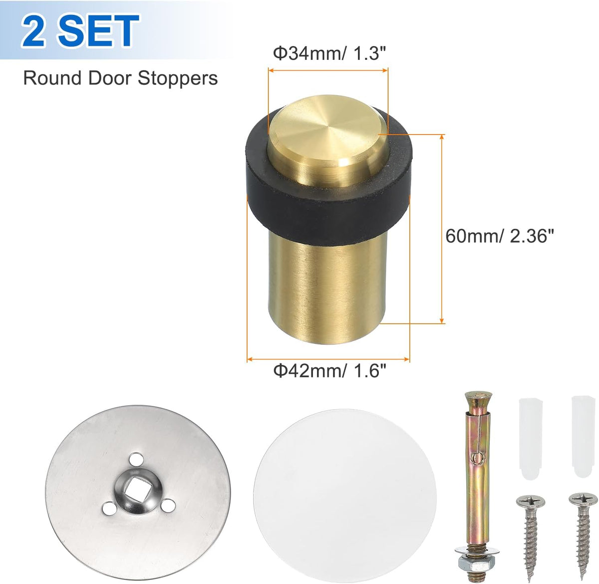 PATIKIL 2Set Round Door Stoppers, 60mm Stainless Steel Door Stop Doorstop Wedge Metal Cylinder Self