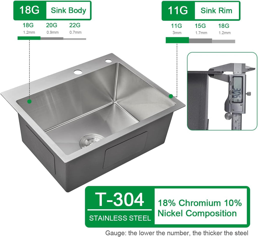 20x16x9 Inch Drop in Kitchen Sink, Handmade 304 Stainless Steel Single Bowl with 2 Holes, R10 Tight
