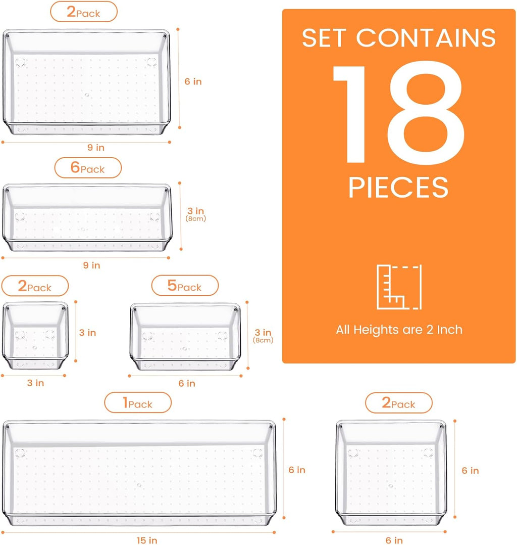 Criusia Drawer Organizer, 18 Pack Large Clear Plastic Kitchen Drawer Organizers Set, 6 Size