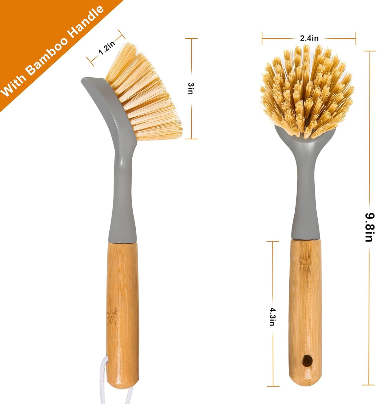 2 Pack Dish Brushes with Bamboo Handle, Kitchen Dish Scrubber Built-in Scraper, Scrub Brush for