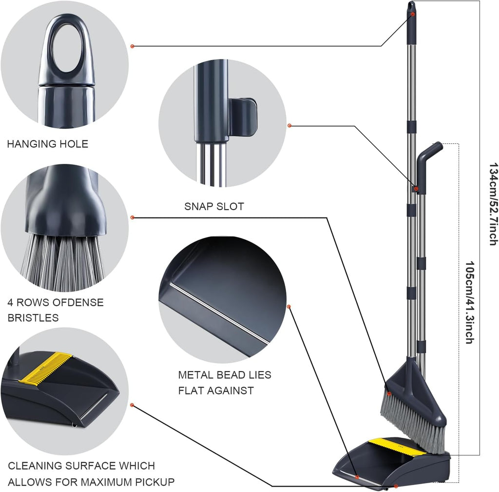 MOPUP Broom and Dustpan Set, 52 inch Long Adjustable Handle Broom with Dustpan Teeth to