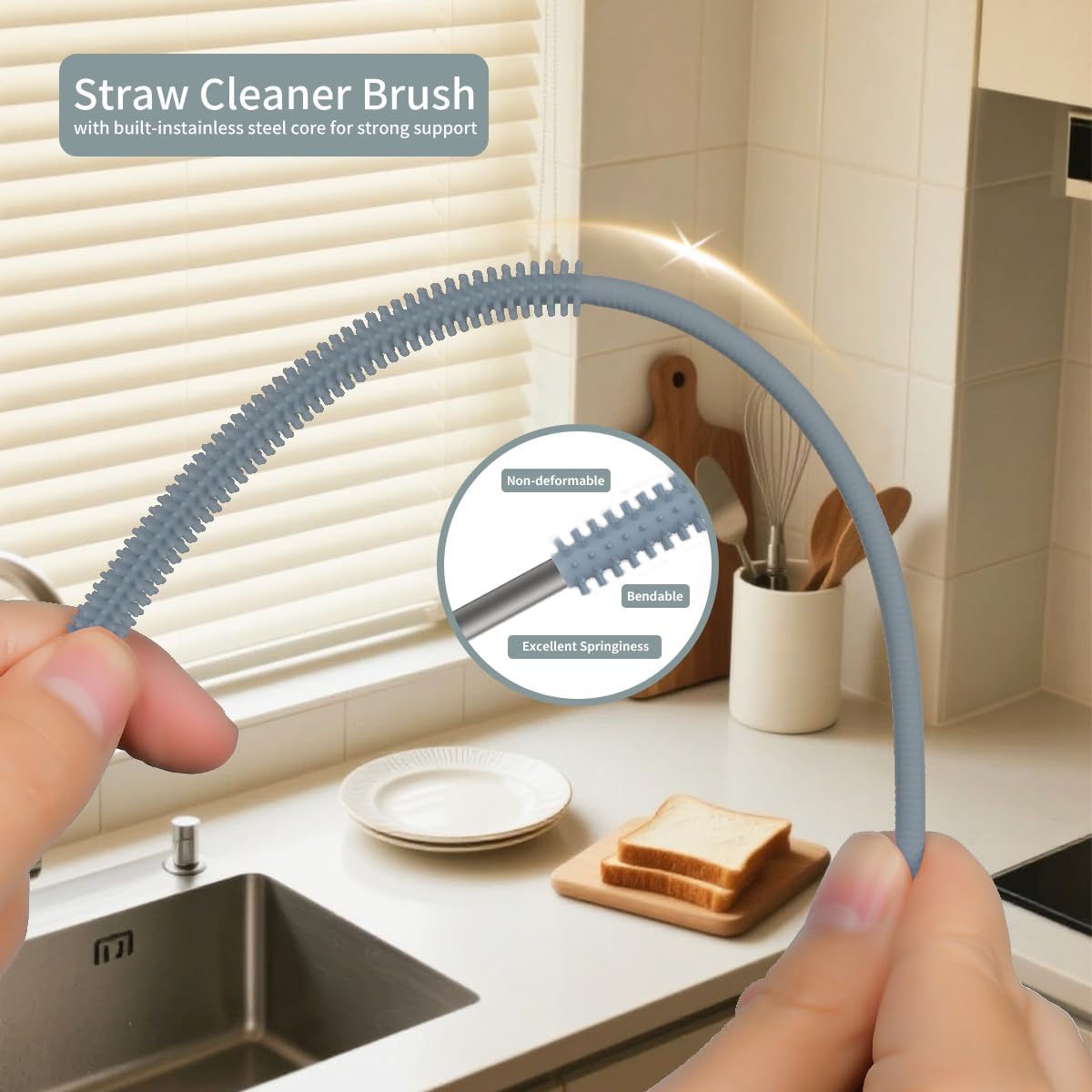 4PCS Silicone Straw Cleaner Brush, Reusable Straw Brush Extra Long for Cleaning Glass Metal