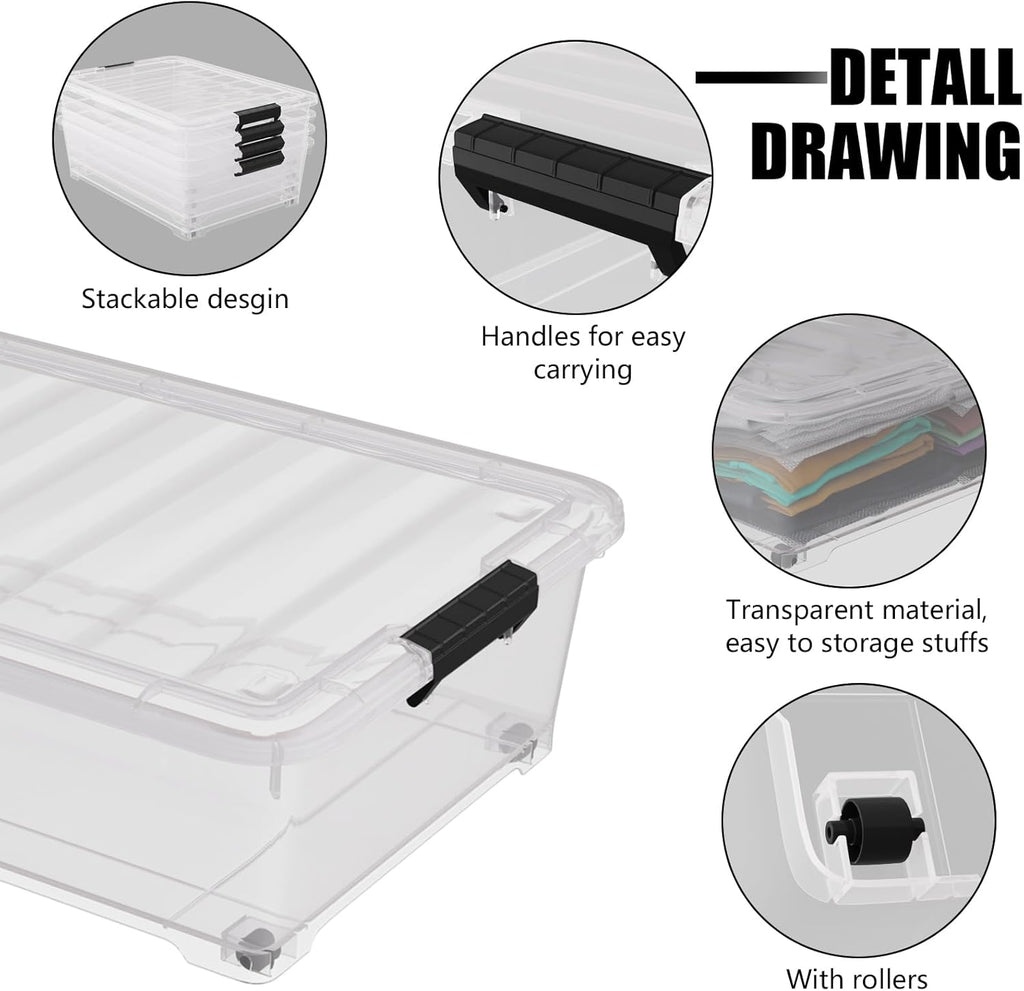 4 Pack Multipurpose 25 Qt Underbed Secure Latching Bin, Plastic Storage Container with Snap-On Lid