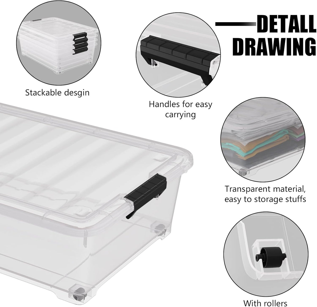 4 Pack Multipurpose 25 Qt Underbed Secure Latching Bin, Plastic Storage Container with Snap-On Lid