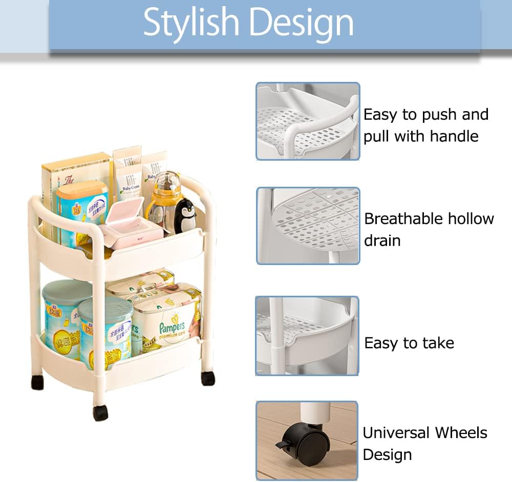 2-Tier Plastic Rolling Utility Cart with Handle Tower Rack Snack Cart with Wheels Multi-Functional