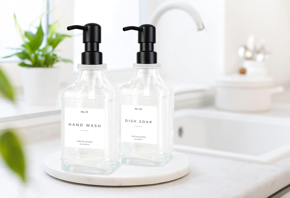 Emerson Essentials Glass Soap Dispenser Set – 16 oz 2-Pack – Refillable Dish & Hand Soap Dispensers