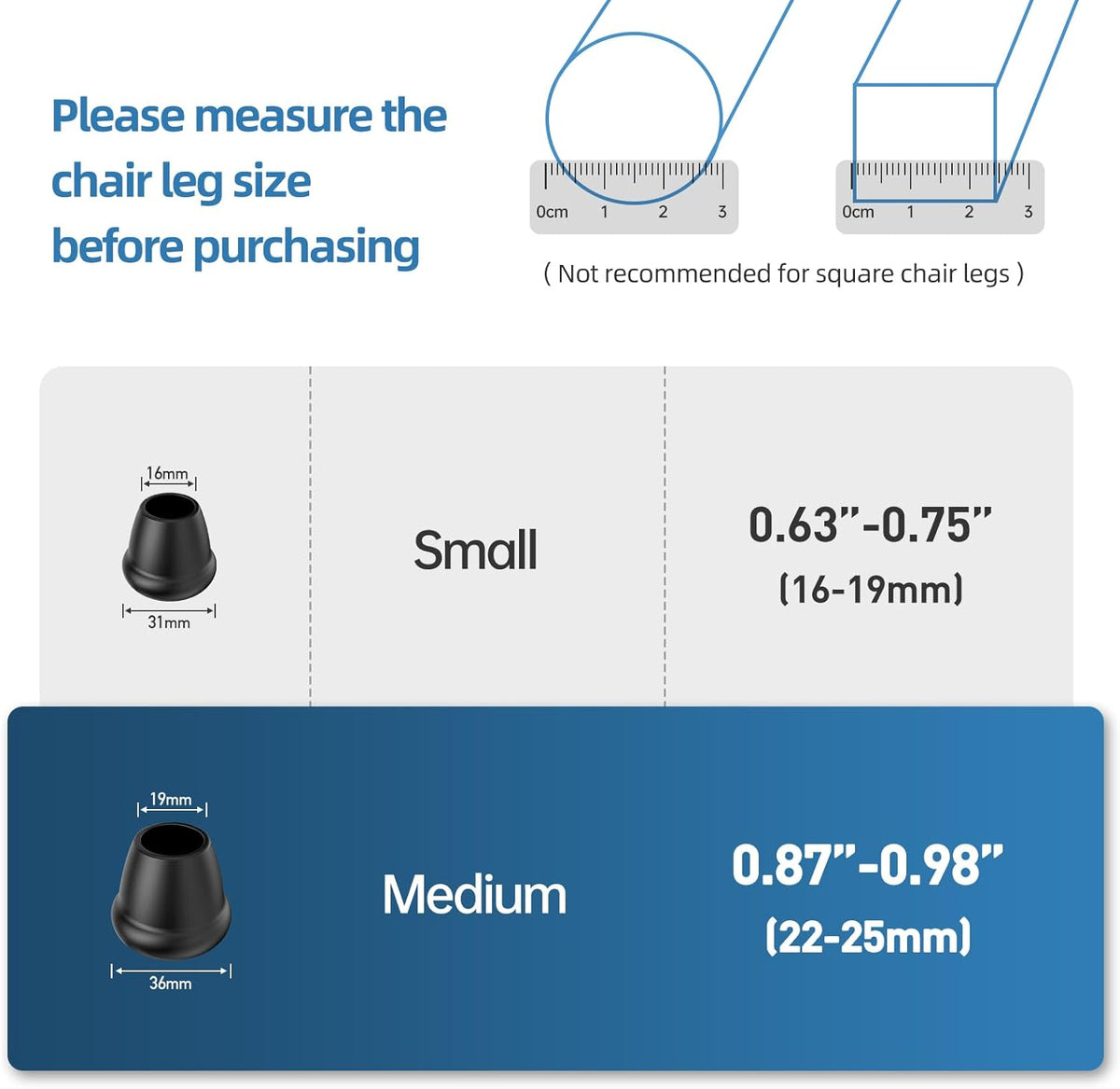 1 Inch Heavy Duty Rubber Chair Leg Caps - 24 PCS Non-Slip Furniture Floor Protectors with Metal