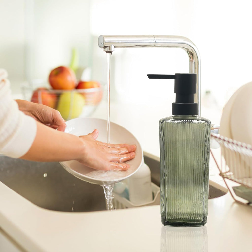 Green Glass Soap Dispenser with Black Pump, 12oz Refillable Liquid Hand Dispenser, Lotion Dish Soap