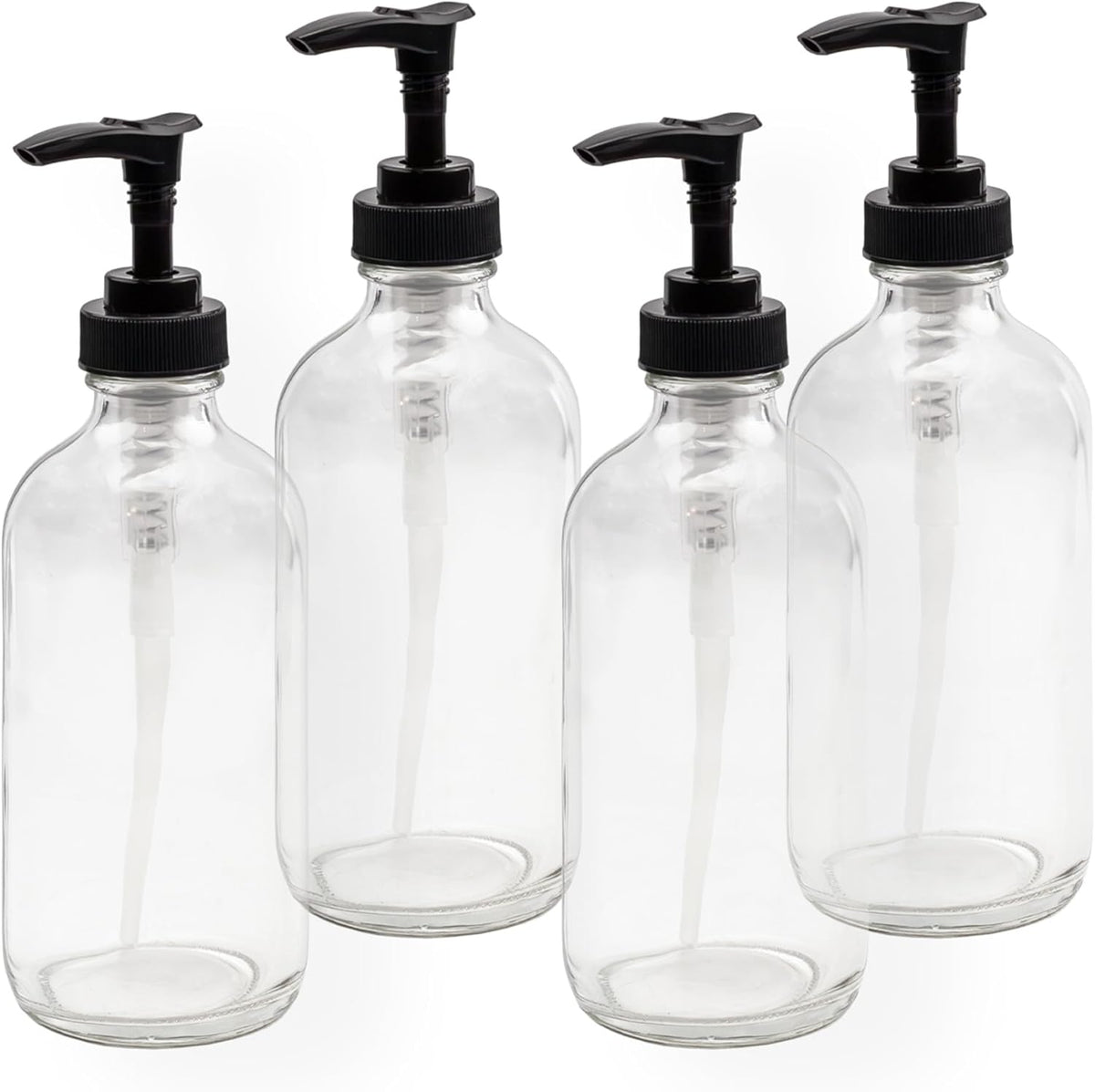 Cornucopia Brands 8oz Clear Glass Pump Bottles (4-Pack w/Black Plastic Pumps), Great as Essential